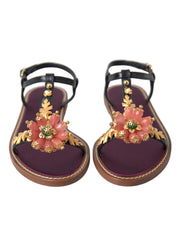 Dolce & Gabbana Black Crystal Gold Sandals Leather Shoes