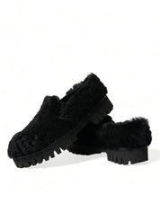 Dolce & Gabbana Black Fur Leather Slippers Dress Shoes