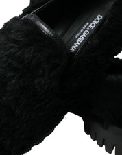 Dolce & Gabbana Black Fur Leather Slippers Dress Shoes