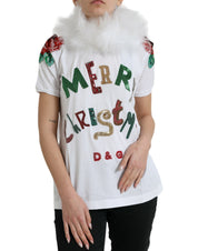 Dolce & Gabbana White Cotton Christmas Sequin Fur T-shirt