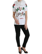 Dolce & Gabbana White Cotton Christmas Sequin Fur T-shirt