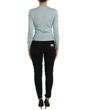 Dolce & Gabbana Light Blue Silk Crew Neck Cardigan Sweater