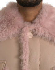 Dolce & Gabbana Beige Pink Lamb Leather Shearling Coat Jacket