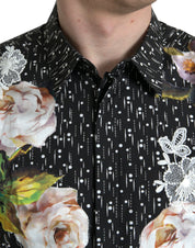 Dolce & Gabbana Black Floral Men Formal Dress GOLD Shirt