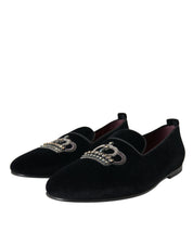 Dolce & Gabbana Black Velvet Crystal Crown Men Loafers Shoes