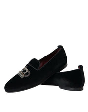 Dolce & Gabbana Black Velvet Crystal Crown Men Loafers Shoes