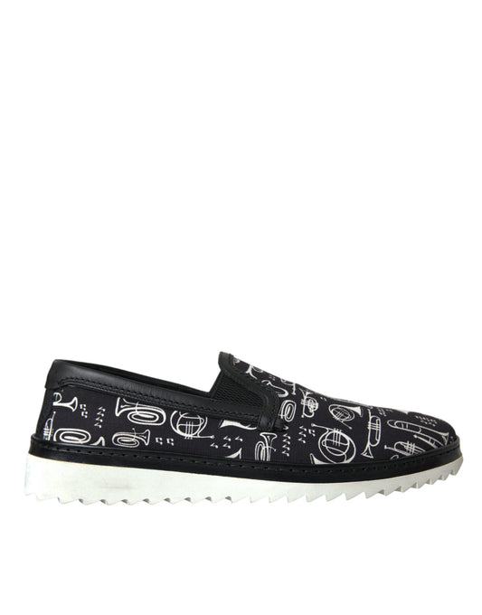 Black Instrument Print Slip On Loafers Shoes