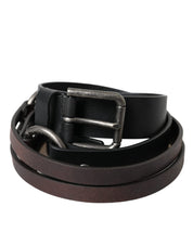 Dolce & Gabbana Black Brown Leather Silver Metal Buckle Belt