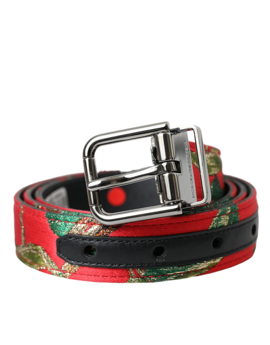 Red Leather Jacquard Silver Metal Buckle Belt