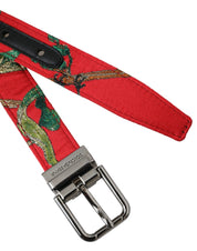 Dolce & Gabbana Red Leather Jacquard Silver Metal Buckle Belt