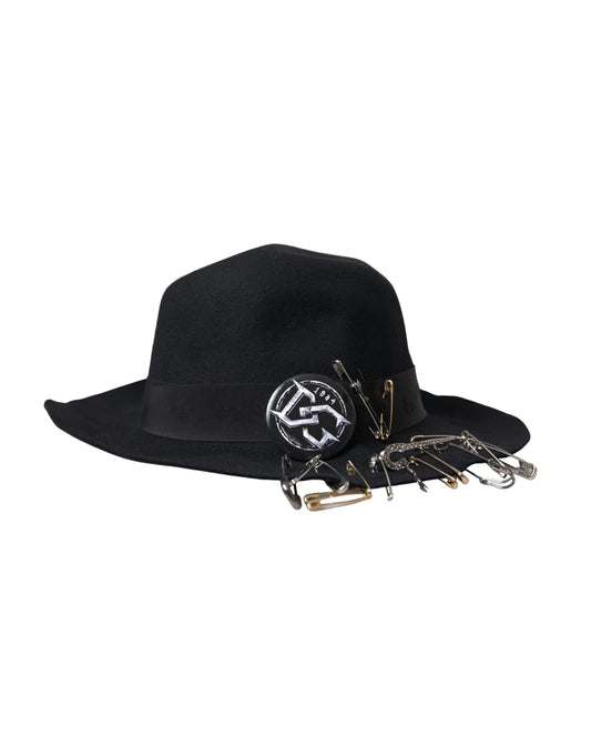 Black Embellished Fedora Wide Brim Hat Men