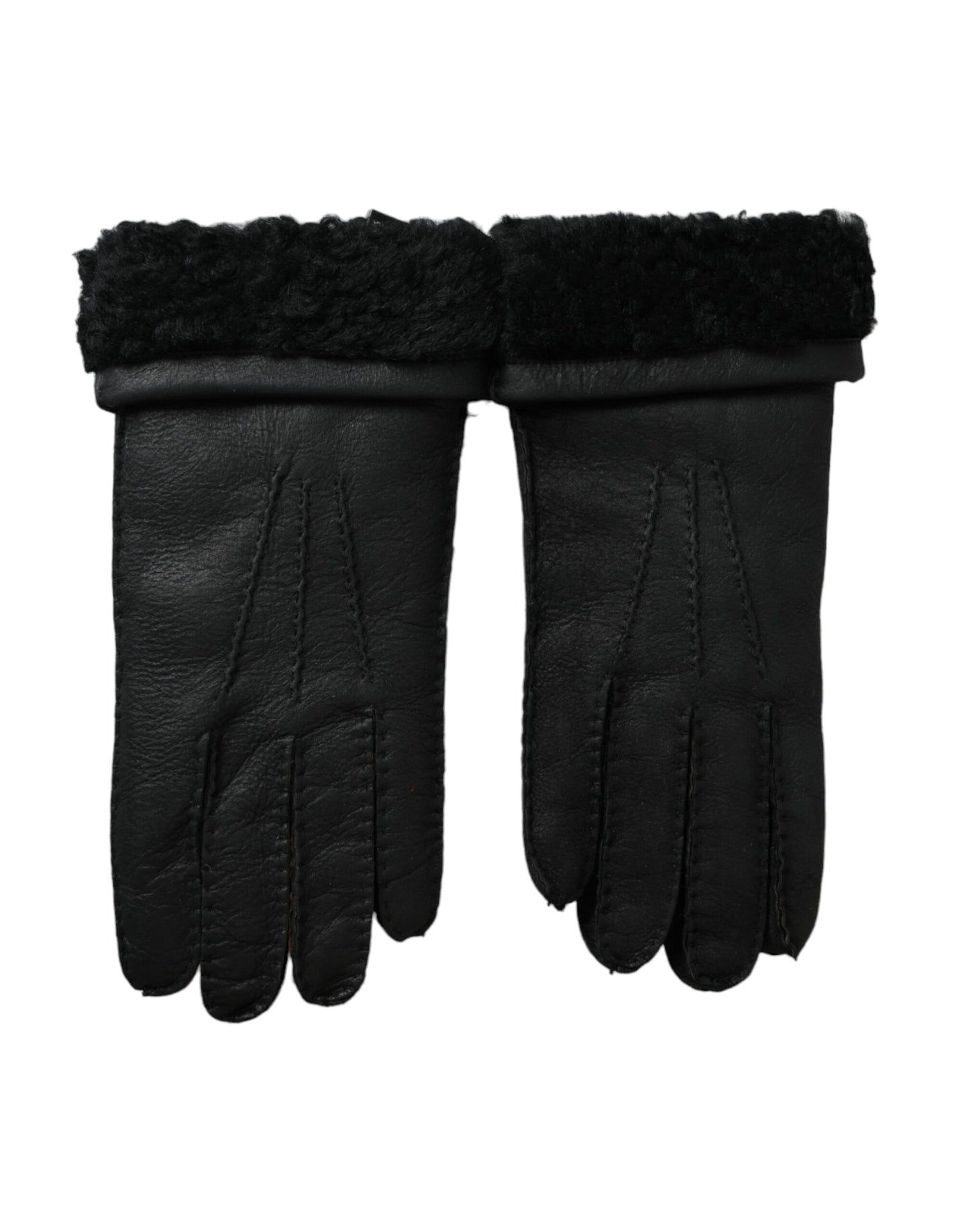 Black Leather Fur Short Hands Gloves