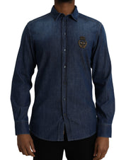 Dolce & Gabbana Blue Crown Bee Cotton Denim GOLD Shirt