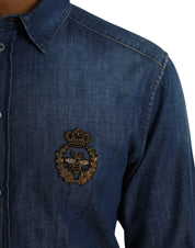 Dolce & Gabbana Blue Crown Bee Cotton Denim GOLD Shirt