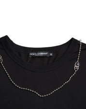 Dolce & Gabbana Black Cotton Silver Chain Short Sleeve T-shirt