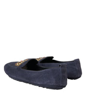 Dolce & Gabbana Blue Leather Suede Crystal Crown Loafers Shoes