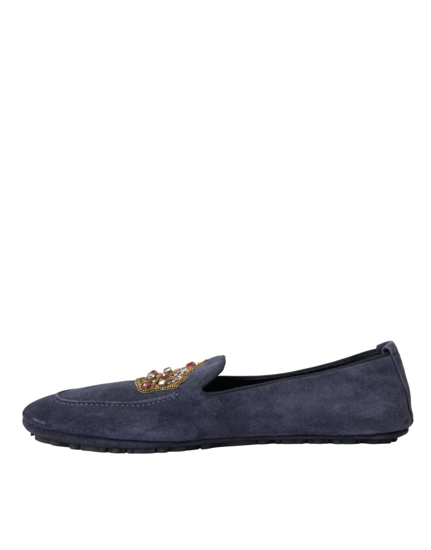 Blue Leather Suede Crystal Crown Loafers Shoes