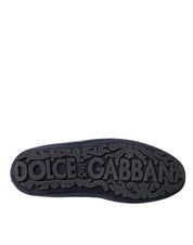 Dolce & Gabbana Blue Leather Suede Crystal Crown Loafers Shoes