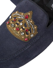 Dolce & Gabbana Blue Leather Suede Crystal Crown Loafers Shoes