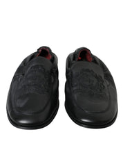 Dolce & Gabbana Black Logo Embroidered Leather Loafer Men Dress Shoes