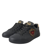 Dolce & Gabbana Black Leather Heart Embellished Sneakers Shoes