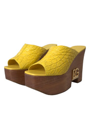 Dolce & Gabbana Yellow Leather Wood Mule Wedge Slides Shoes