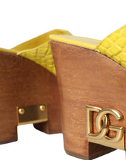 Dolce & Gabbana Yellow Leather Wood Mule Wedge Slides Shoes