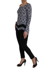 Just Cavalli Blue Floral Lace Long Sleeves Top Underwear Blouse
