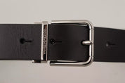 Dolce & Gabbana Black Calf Leather Logo Engraved Metal Buckle Belt