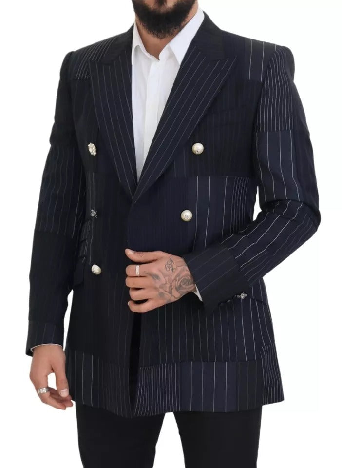 Blue Wool Patchwork Double Breasted Blazer