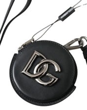 Dolce & Gabbana Black Round Leather DG Logo Coin Purse Lanyard Wallet