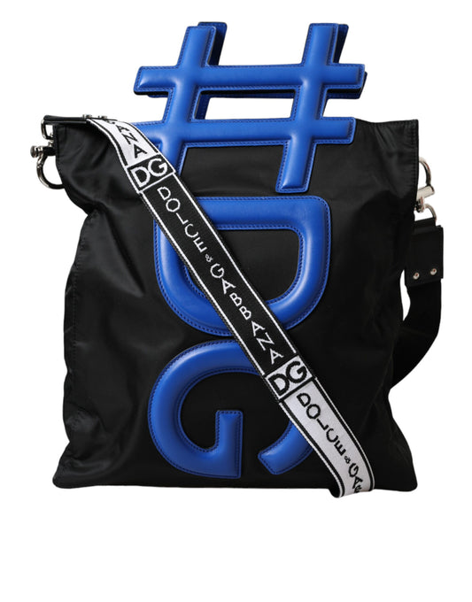 Black Nylon Blue Leather Hashtag Shopping Tote Bag