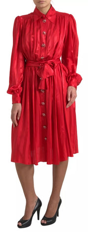 Dolce & Gabbana Red Button Down Belted Midi Satin Silk Dress
