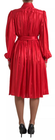 Dolce & Gabbana Red Button Down Belted Midi Satin Silk Dress