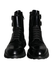 Dolce & Gabbana Black Leather Lace Up Men Mid Calf Boots Shoes