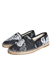 Dolce & Gabbana Black Floral Cotton Leather Espadrilles Shoes