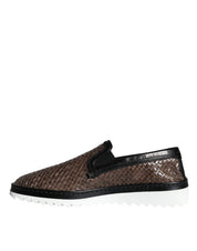 Dolce & Gabbana Brown Black Leather Weaved Men Loafers Shoes