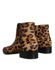 Dolce & Gabbana Brown Leopard Calf Fur Ankle Boots Shoes