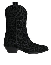 Dolce & Gabbana Black Gray Leopard Cowboy Boots Shoes