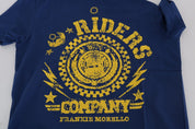 Frankie Morello Stylish Blue Riders Motif Cotton Tee