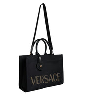 Versace Black Top Handle Canvas Leather Logo Crossbody Tote Bag