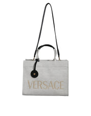 Versace White Top Handle Canvas Leather Logo Crossbody Tote Bag