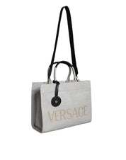 Versace White Top Handle Canvas Leather Logo Crossbody Tote Bag