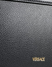 Versace Black Grainy Calf Leather Logo Crossbody Shoulder Bag