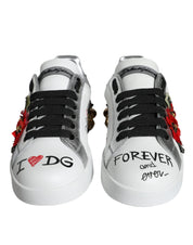 Dolce & Gabbana White Leather Floral Studded Sneakers Shoes