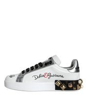 Dolce & Gabbana White Leather Floral Studded Sneakers Shoes