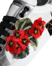 Dolce & Gabbana White Leather Floral Studded Sneakers Shoes