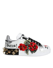 Dolce & Gabbana White Leather Floral Studded Sneakers Shoes