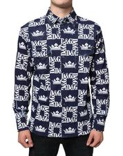 Dolce & Gabbana Blue Crown Logo Print Slim Fit Cotton Shirt