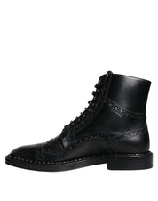 Dolce & Gabbana Black Leather Lace Up Mid Calf Boots Shoes